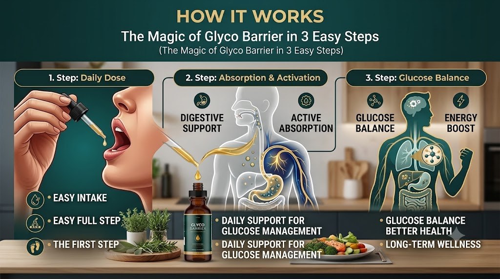 GlycoBarrier three-step how it works: daily dose, absorption and activation, glucose balance
